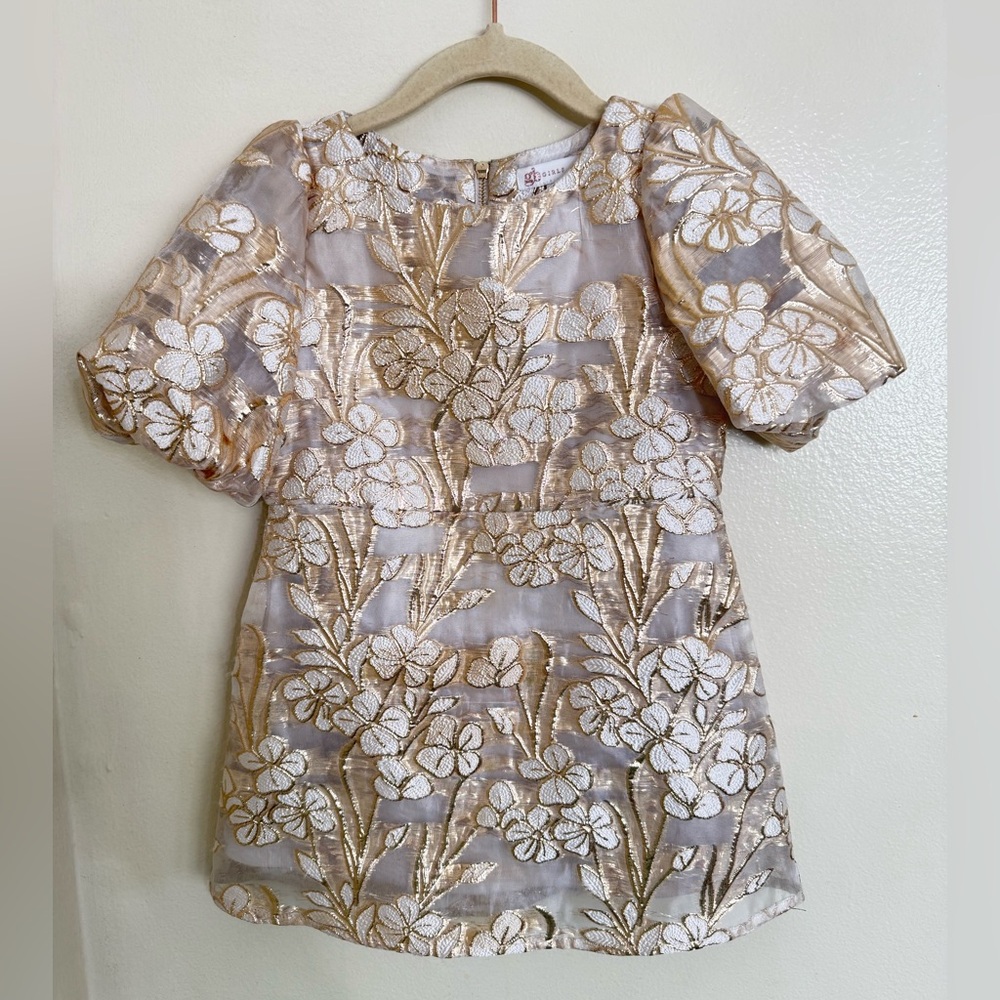 Girls Metallic Gold Floral Embroidered Dress